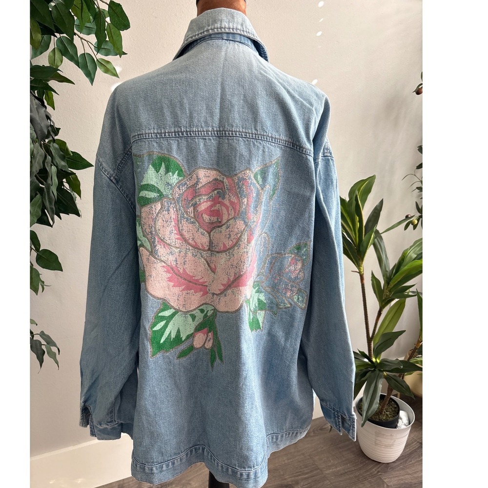 Vintage 80s Hunter Run Denim Jacket Rose Hand Painted Women‎ 20W Made In USA